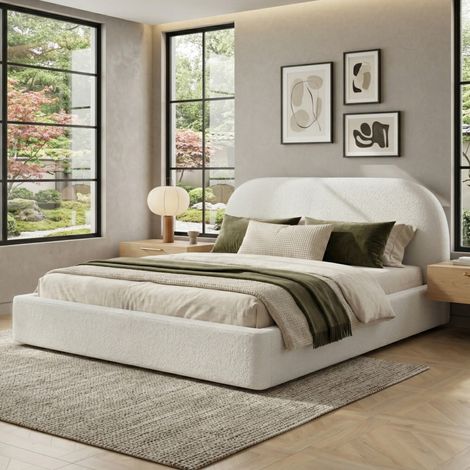 MODFU – Letto matrimoniale 180x200 cm in tessuto bouclé con rete a doghe, testiera imbottita 13,5 cm, portata 300 kg e angoli arrotondati – Beige (1/5)