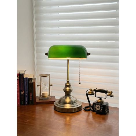 JCPYIUL grünes Glas Banker Tischleuchte, traditionelle europäische klassische Bronze-Basis Retro-Tischleuchte E27, geeignet für Bürobibliotheken, Schreibtime, Arbeitszimmer und Schlafzimmer.(Ohne Glüh (1/5)