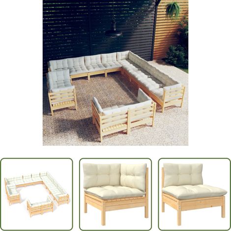 Terrassensofa -  13-tlg. Garten-Lounge-Set mit Creme Kissen Massivholz Kiefer (1/5)