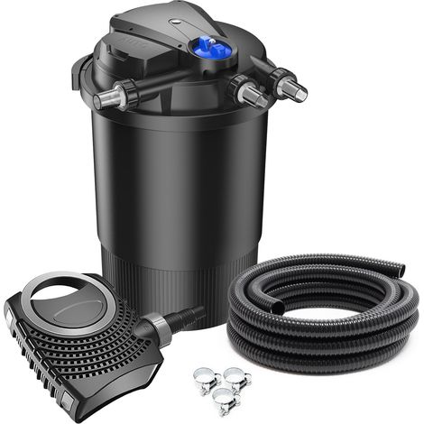 SunSun Komplettset: CPA-30000 Teichdruckfilter bis 60000 L mit 55 Watt UV-C Teichklärer, NEO10000 SuperECO Teichpumpe 10000l/h 80W, 10m Teichschlauch 38 mm (1 1/2"), Schlauchschellen W1 44-47mm