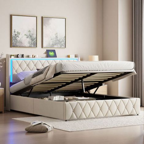 Li t 160x200 cm - 2YTT03 - LED regolabile - USB - idraulico - telaio del letto contenitore 160x200 cm - Velluto - beige