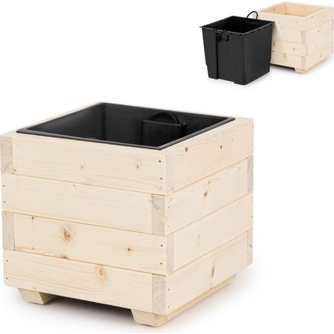 Blumentopf aus Holz mit herausnehmbarem Einsatz, Pflanzkasten für Balkon, Garten oder Terrasse, 33 x 33 x 32 cm – Naturholz (1/5)