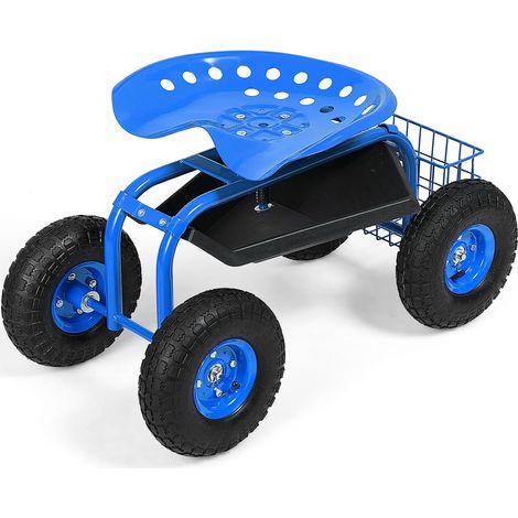 GOPLUS Siège de Jardin Roulant Pivotant à 360°, Panier de Rangement pour Outils, Tabouret et siège de Travail Extérieur, Hauteur Réglable, pour Jardinage et Plantation, Charge 150kg (Bleu) (1/5)