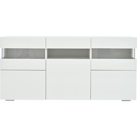 Buffet de salon blanc avec 3 portes, éclairage LED contrôlé par application, structure en panneau de particules et acrylique, 140 x 40,5 x 66,5 cm (1/5)