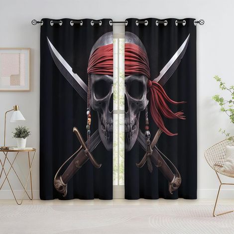 Lot de 2 100% Rideaux Occultant Isolant Thermique Anti Froid Rideau Occultants à Oeillets, MotifsPirates crânes Style Gothique Noir 280 x 245 cm - 140L X 245H cm (2 Panneaux) (1/5)