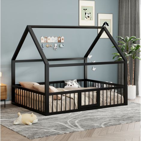 Hausbett 140x200 cm Schwarz aus Metall mit Sicherheitsgeländer und Dachdesign (1/5)