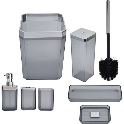 Set aus 7 grauen Badezimmeraccessoires: Zahnbürstenhalter, Becher, Seifenschale, Toilettenbürstenhalter, Abfalleimer, Seifenspender und Tablett. (1/5)