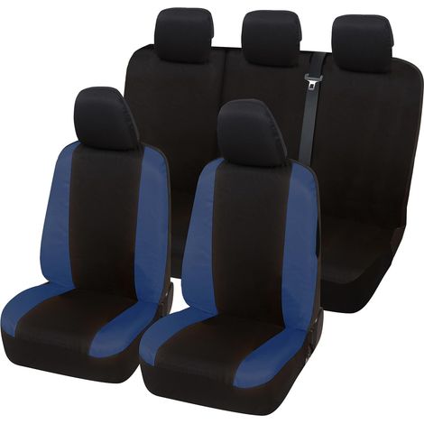 Lupex Shop – Coprisedili auto universali, compatibili per Fiesta, anteriori e posteriori, NO LOGO, in Policotone, Nero/Blu Scuro (1/5)