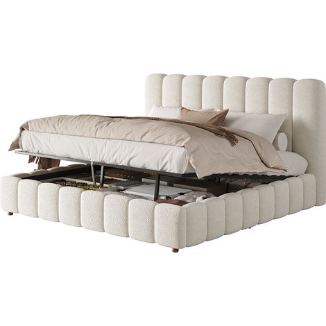 Cama con Arcón 180 x 200 cm, Cama Doble en Bouclé con Cabecero Acolchado, sin Colchón, Blanca (1/5)
