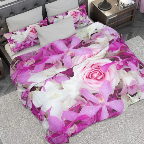 Housse de Couette, Lit (120x200), Fleurs Lillas, Tissu 100% Satin Frais, 100% Made in Italy (1/5)