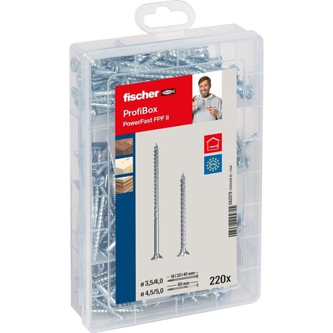 Fischer ProfiBox 220x Viti per Legno PowerFast FPF II CZF/CZP, Filetto Parziale/Totale, Autofilettanti, Testa Svasata, Pozi, 562279 (1/5)