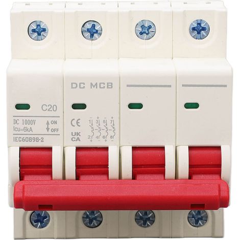 Disjoncteur miniature 4P pour montage sur rail DIN, protection contre les surcharges, 1000 V CC, 20 A, 6000 A (1/5)
