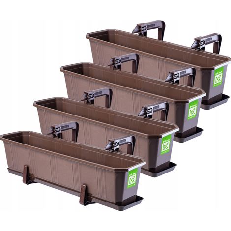 KADAX Set fioriera da balcone in plastica - Fioriera per fiori ed erbe aromatiche - Vaso da balcone resistente - per balcone - 4 x 60 cm - Marrone (1/5)