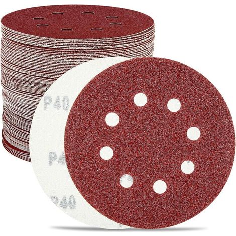 Disques abrasifs, lot de 100, 125 mm, grains P40/P60/P80/P100/P120/P150/P180/P240/P320/P400, 8 trous pour ponceuse orbitale (1/5)