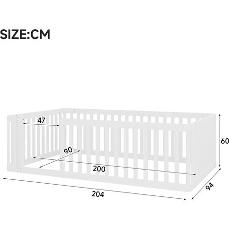 Cadre de lit bois massif 90x200 cm avec barrière de protection, blanc, lit simple avec sommier intégré, structure robuste (1/5)