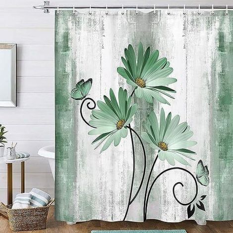 Rideau de douche style ferme champêtre – Motif floral marguerite et papillon vert sauge, fond imitation bois, turquoise/bleu canard/gris, 152 x 178 cm, 12 crochets (1/2)