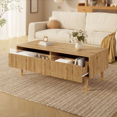 Tavolino da caffè moderno con illuminazione LED e 2 cassetti di stoccaggio, piedi dorati e bianchi, rettangolare, 110x50x40 cm, per soggiorno - Effetto legno naturale