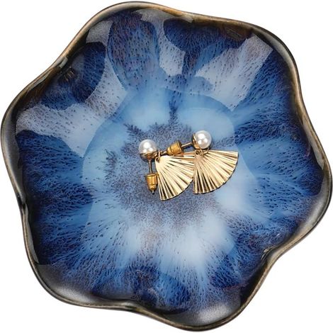 Plat à Bijoux en céramique, Plateau à Bijoux Feuille Plateau à clés, Porte-Assiettes Petit Anneau Bijoux Plaque Vide-Poche décor de Table de Chevet pour Table d'entrée décor de Chambre (Moyen, Bleu) (1/5)