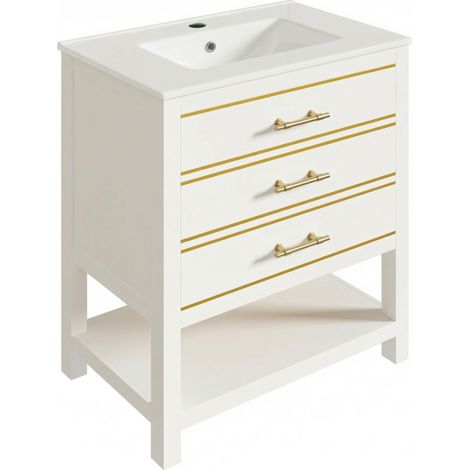 Freistehender Badschrank weiß mit Keramikwaschbecken, 2 Schubladen und offenem Fach, 76 cm (1/5)
