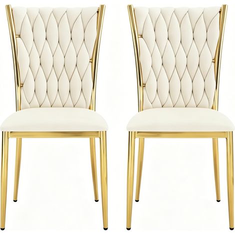 CHICFURN Silla de comedor de terciopelo crema y dorado, respaldo alto, 2 unidades (1/5)