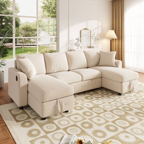 Canapé panoramique convertible en U 260x128x82 cm avec 2 méridiennes coffres, couchage gigogne, ports USB Type-C, 2 coussins, chenille, Beige (1/4)