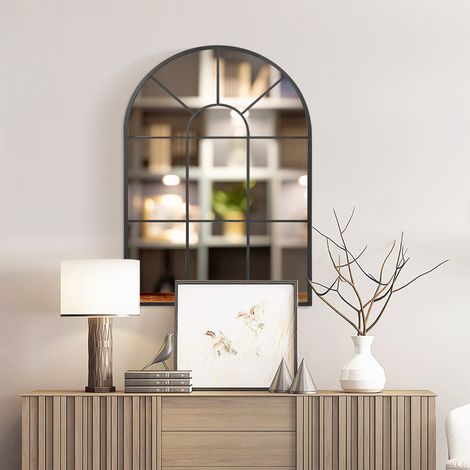Miroir mural arqué 91x60 cm, style verrière industriel, cadre métallique, salon, chambre et couloir, couleur noir