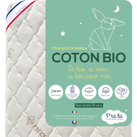 P'tit Lit - Matelas Bébé Coton Bio - 60x120x10 cm - 100% Coton : matière Naturelle d'origine Végétale - Sans traitement chimique - Déhoussable - Oeko Tex® - Fabrication Française (1/5)