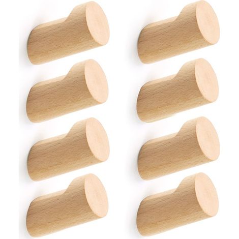Un ensemble de 8 crochets muraux en bois, adaptés pour suspendre manteaux, sacs à dos, serviettes de bain, etc. (couleur naturelle) (1/5)