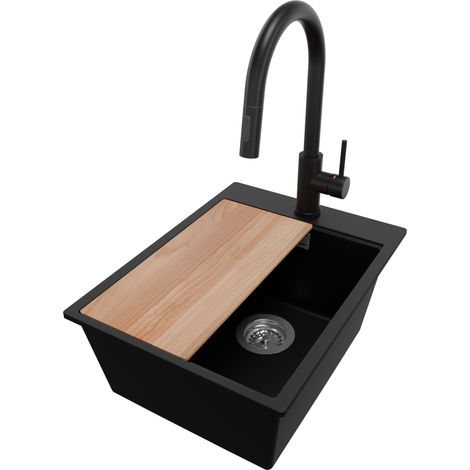 PRIMAGRAN Evier Cuisine en Granit 38x50cm,Lavabo 1 bac + Robinet 40x20cm + Kit de Vidage + Planche à Découper, Évier à Encastrer au meuble 40cm - Oslo, Noir (1/5)