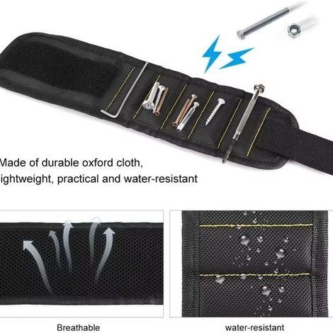 Bracelet magnétique rouge avec dos adhésif et fermeture Velcro pour outils de quincaillerie, comportant 3 rangées de 6 fermetures magnétiques.