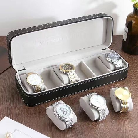 Boîte à montres en cuir PU noir pour six montres avec coussins doux, boîtier de rangement rectangulaire avec intérieur en velours gris, boîte de rangement pour montres de voyage et de maison pour coll (1/3)