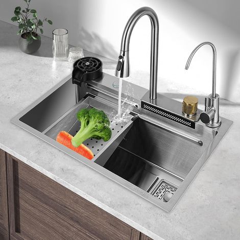 Single-Bowl Kitchen Sink Waterfall Bar Sink Stainless Steel Sink with Tap Stainless Steel Sink Built-in Sink Kitchen Sink Removable Sink Table Household Sink Set Silver (68 x 35 x 21 cm) (1/5)