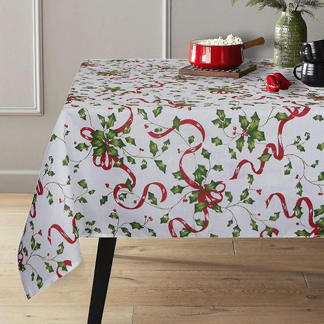 Nappe de Noël rectangulaire avec houx et ruban - Tissu polyester imperméable (1/4)