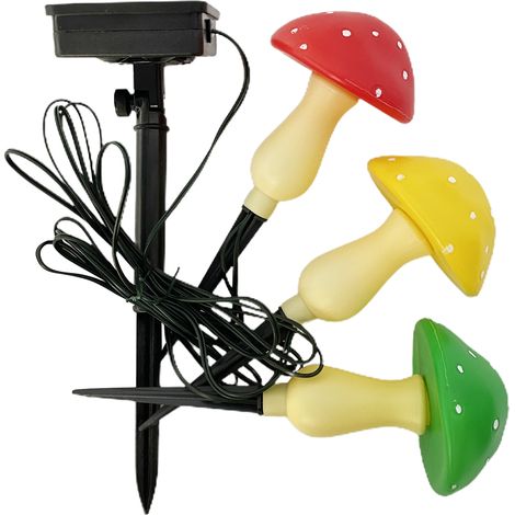 Guirlande lumineuse solaire LED en forme de champignon à trois têtes (18,8 x 7 cm), rouge, jaune et verte, pour décoration extérieure de jardin. (1/2)