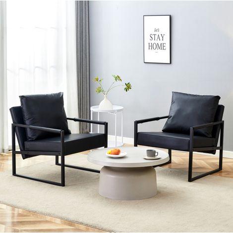 Sillón de lectura moderno, asiento acolchado, reposabrazos amplios, metal y PU negro (1/5)