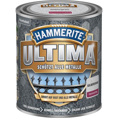 Hammerite Ultima Hammerschlag, Metallschutzlack, Hochwertiger Schutzlack für alle Metalle im Außenbereich, Silbergrau, 750 ml
