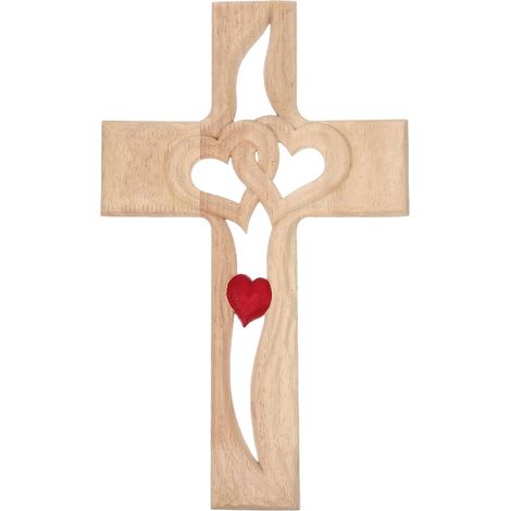 Croix Décorative en Bois 35 Cm Ajourée Motif Cœur Double 3D Ornement Décor pour Salon Bureau Chambre Décoration Intérieure (1/5)