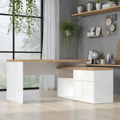 Scrivania angolare Zenzero reversibile bianco lucido e rovere Cadiz 140x120x75H (1/5)