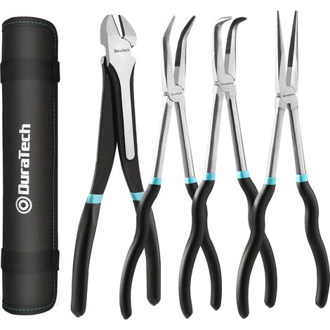 Lot de 4 pinces à bec aiguille extra long de 27,9 cm de long, pinces droites à bec courbé à 90°, pince à bec coudé à 45°, pince diagonale pour les espaces étroits difficiles à atteindre et (1/5)