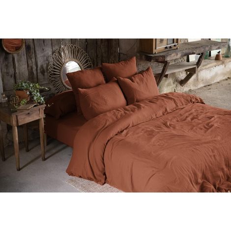 Housse de couette 240 x 220 cm double gaze de coton + 2 taies d’oreiller 60 x 60 Terracotta (1/3)