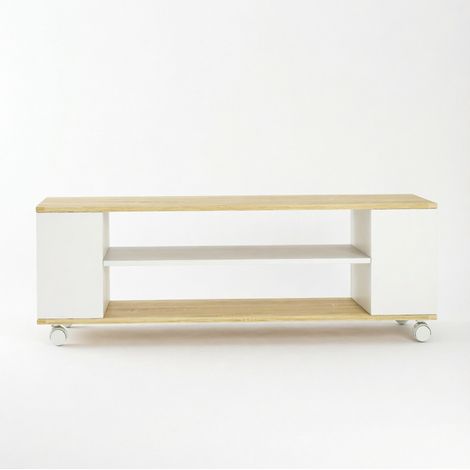 Mueble TV con ruedas 120x40x38,5 cm de aglomerado blanco y natural (1/5)