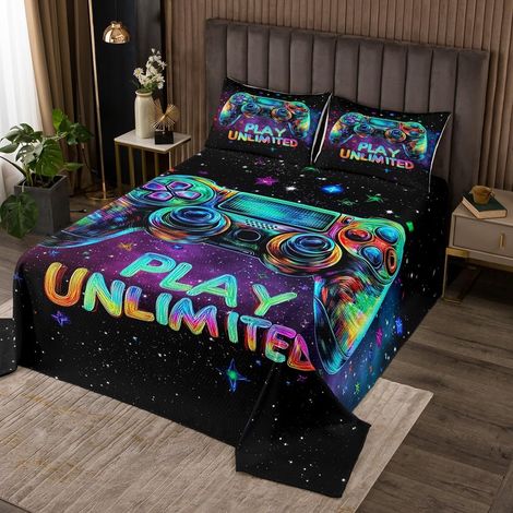 Joueur Dessus de Lit Garçons Jeux pour Adolescents Couvre-Lit 260x240,Contrôleur de Jeux Vidéo Couverture de Lit Filles Enfants Salle de Jeux Décoration Literie Univers de l'espace Jeux Literie - 260x (1/5)