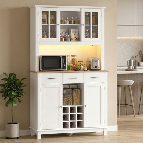 Meuble de cuisine avec éclairage LED, commande par application, plan de travail pour micro-ondes, range-bouteilles, portes vitrées, blanc