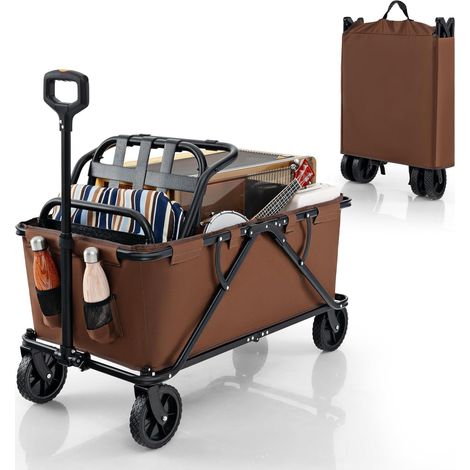 COSTWAY Carro Playa, Carrito Playa con Ruedas, Manillar Ajustable, Carro Playa Plegable con Bolsillo de Almacenamiento, Carro Transporte Jardin Playa, Carga 100kg (Café) (1/5)