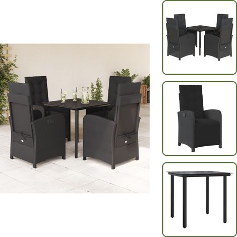 Rattanstuhl - vidaXL 5-tlg. Garten-Essgruppe mit Kissen Schwarz Poly Rattan - Gartenmöbel Schwarz (1/5)