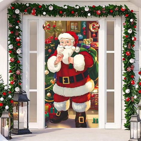 Decoration Noel Porte Entree en Polyester, Couverture de Porte Noel avec Cloche, Decoration Porte Noel Exterieur, Deco Porte Noel pour à l'Intérieur à l'Extérieur (1/5)
