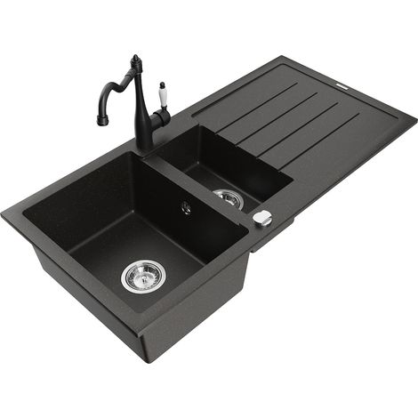 Mexen Andres fregadero de granito con 1,5 cubetas y escurridor con grifo de cocina Carla, negro/dorado - 6515-75-670700-70 (1/5)