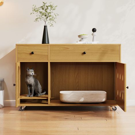 Armoire pour litière pour chat (litière mobile) – meuble pour chat/maison pour chat avec plaque amovible de récupération du sable, isolé des odeurs, sans bac à litière, 100×45×66 cm (couleur bois natu (1/5)