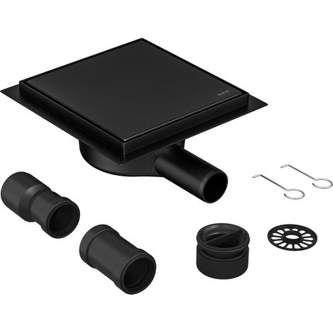 Caniveau de douche carré 360° - Siphon de sol en acier inoxydable noir avec système anti-odeurs, filtre à cheveux et adaptateur de vidange 2 en 1 - Carrelable - 15 x 15 cm (1/5)