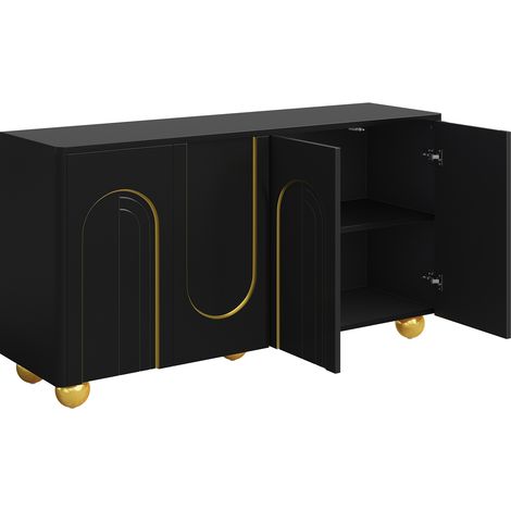 Credenza 4 ante nera con dettagli ad arco dorati e piedi in metallo, 140x40x74 cm (1/5)